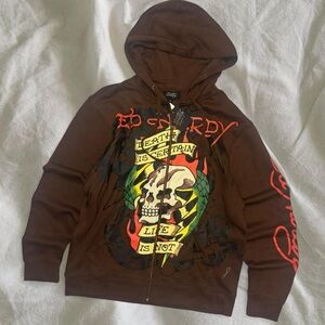 Medium Ed Hardy Brown Graphic Skull Zip Hoodie NWT
